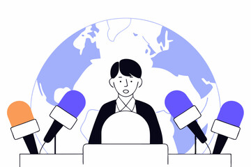 Minimalist press event, person at podium with microphones and world map, media communication, public speech, global