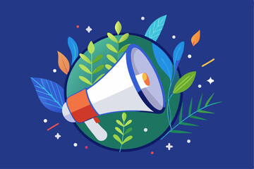 Naklejka premium Megaphone with green leaves and globe, environmental or public announcement concept, communication, eco - friendly message, vector illustration for activism or promotion. 