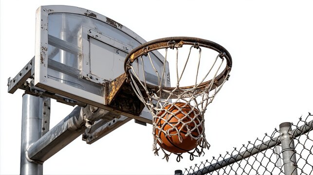 A basketball caught in a weathered hoop with a metal backboard and a chain link fence in the foreground