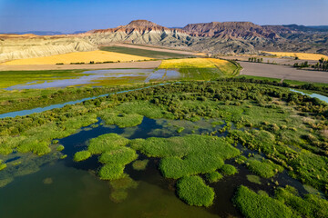 Nallihan District in Ankara, Turkey. The Girl Hill Natural Monument (Rainbow Hills) the geological structure with its colorful rainbow tones. Nallihan Bird Sanctuary. Aerial view of Nallihan.