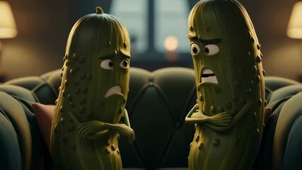 Two animated cucumber characters in a domestic dispute on a sofa, one expressing anger and the other sadness, symbolizing relationship issues 3D animation. - Powered by Adobe