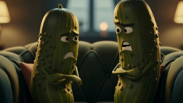 Two animated cucumber characters in a domestic dispute on a sofa, one expressing anger and the other sadness, symbolizing relationship issues 3D animation.