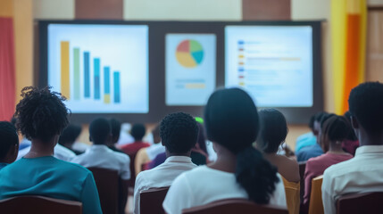 Fototapeta premium Two female advocates present data charts and graphs on a large screen to an engaged audience at a professional business conference or seminar