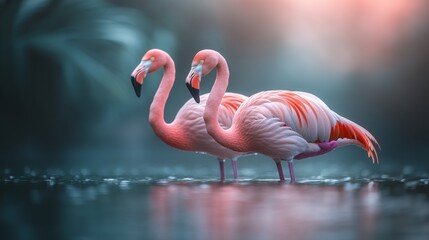 Naklejka premium Flamingos in a misty habitat