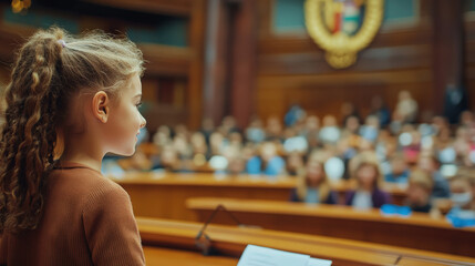 A confident young girl speaks at a podium during a children's parliament, addressing a large audience and advocating for youth issues