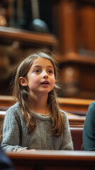A focused young girl gives testimony, speaking seriously into a microphone during a children's parliamentary hearing or conference