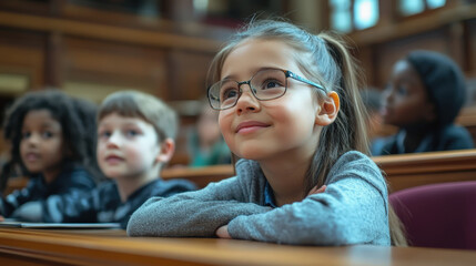 A hopeful young girl with glasses listens intently during a children's parliament session, her expression full of curiosity and engagement