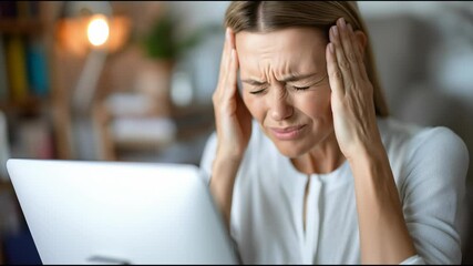 Young woman suffering from headache and heat at work. Businesswoman, office worker have health problem and can not work with computer - Powered by Adobe