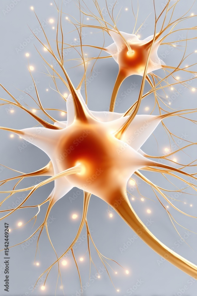 Poster artistic representation of neurons glowing with golden light on a soft background
