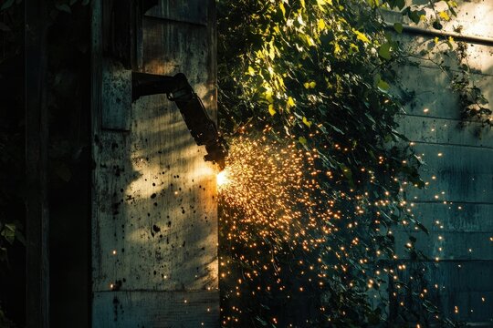 A cutting tool creates a shower of sparks on a weathered surface, with foliage and light adding dramatic effects.
