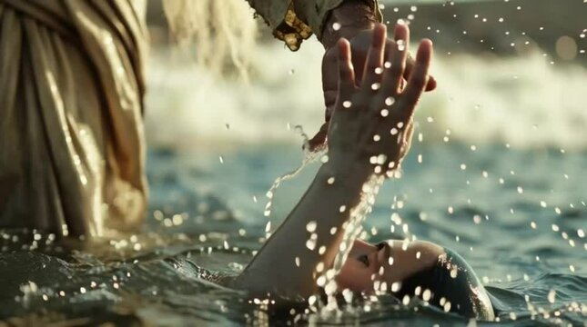 Visual representation of Jesus Christ on the water reaching out in a sign of help. Concept of Jesus the Savior and the hand of God.