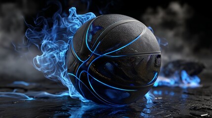 A black basketball with blue neon lines surrounded by blue smoke on a dark reflective surface