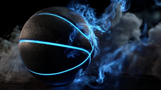 A basketball with blue neon lines surrounded by blue smoke against a dark background in a studio shot