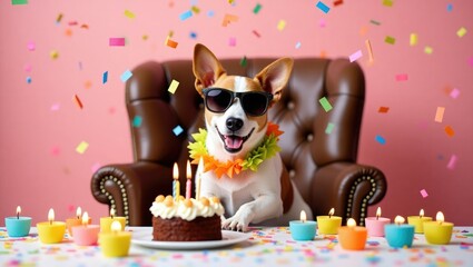 Happy birthday dog party jack russell terrier celebrates with cake and confetti