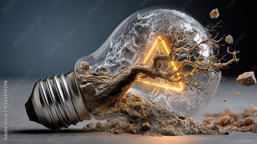 Poster a lightbulb containing a tree with glowing triangle and rocks on a gray background, creative concept