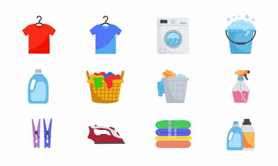  Laundry Day Essentials: Flat Design Icons Collection. A collection of colorful flat design icons for laundry and clothing care essentials.