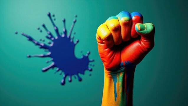 Colorful hand raised in a fist against teal background with paint splatter
