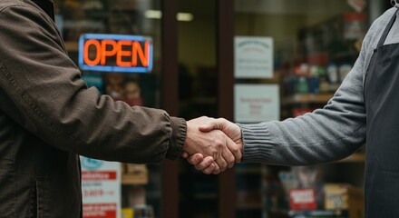 Two individuals clasp hands in a warm handshake in front of an open business, suggesting an agreement or partnership.