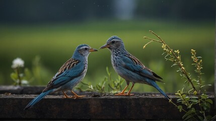 Two Blue Roller Birds Perched Together on a Concrete Ledge Outdoors