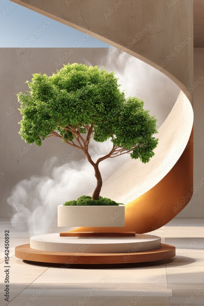 Poster elegant bonsai tree in a modern architectural setting with warm lighting