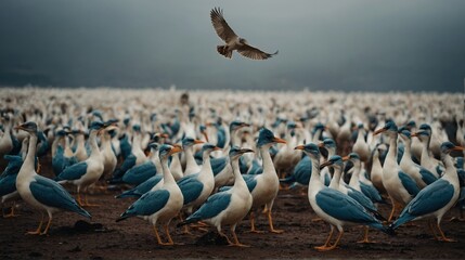 Large Group of Blue and White Birds Congregated on the Muddy Ground with Bird Flying Overhead