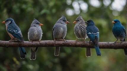 Perched Birds on Branch Displaying Gray and Blue Plumage in Forest Setting