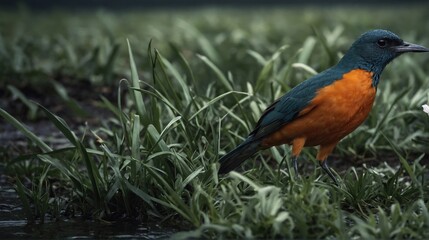 Chestnut bird in wetland habitat, detailed feathers and grasses under overcast light