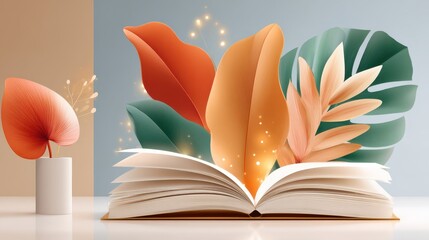Magical glowing leaves sprouting from an open book in a serene scene