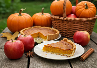 Delicious pumpkin pie with apples and pumpkins