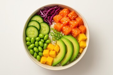 A colorful and appetizing poke bowl featuring fresh salmon, avocado, mango, cucumber, edamame, red cabbage, rice, and green onions, perfect for a healthy lunch.