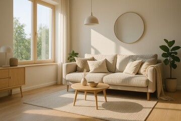 A bright and modern living room featuring a comfortable beige sofa, soft pillows, a round wooden table, and natural light streaming in from a large window.