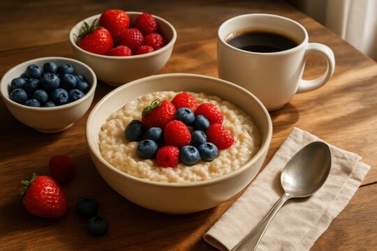 A delightful breakfast setting featuring a bowl of oatmeal, topped with fresh berries, alongside a steaming mug of coffee, presented on a rustic wooden table.