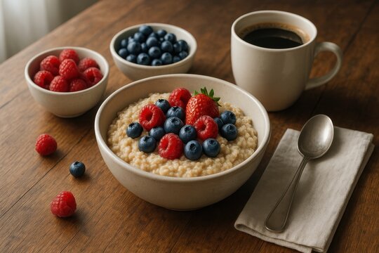A nutritious breakfast scene featuring a bowl of oatmeal topped with berries and served with a cup of coffee on a wooden table, creating a healthy start to the day. - Powered by Adobe