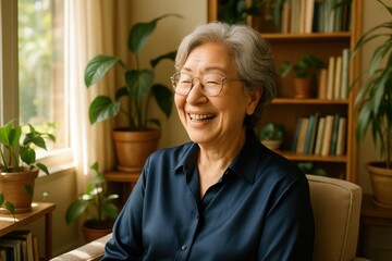 A happy senior Asian woman with glasses laughs in her cozy living room filled with plants, while sitting on a comfortable armchair near a sunlit window.