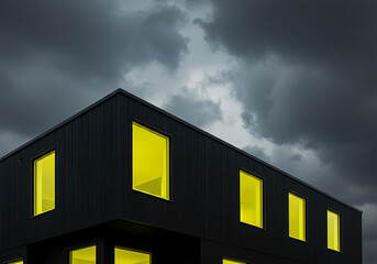 Modern black building with bright yellow windows