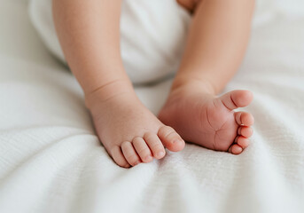 Adorable baby feet on soft white blanket