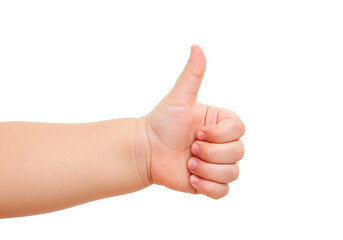 Baby hand giving thumbs up gesture isolated