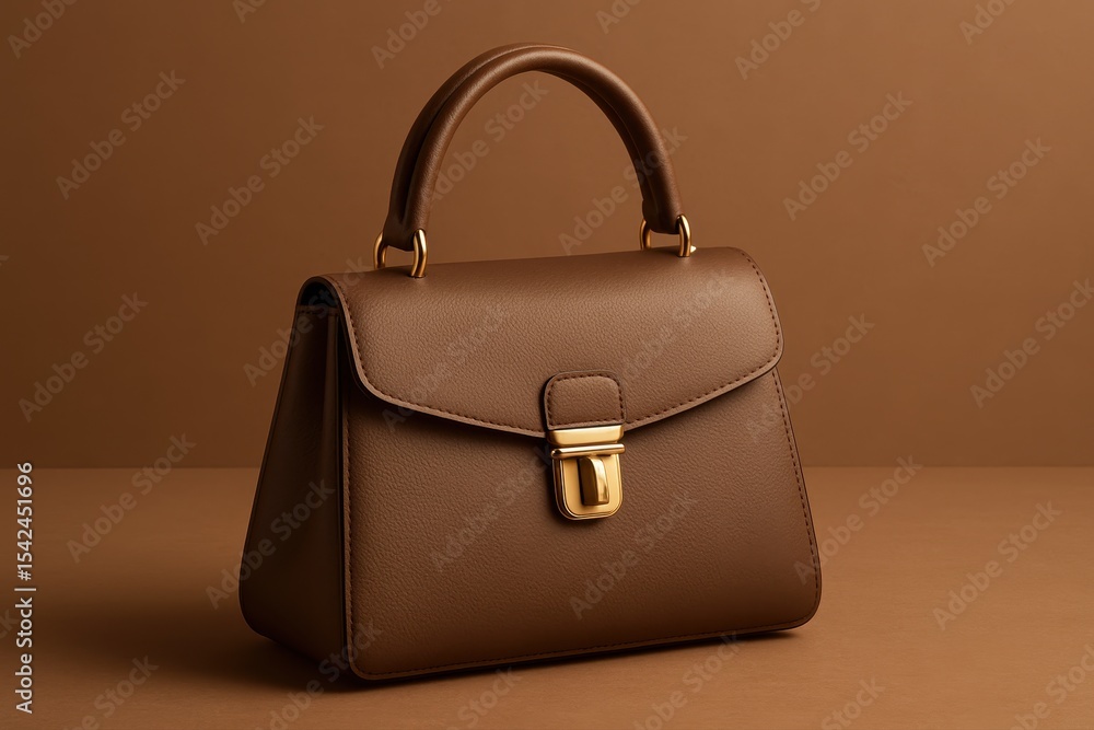 Poster elegant brown leather handbag with gold clasp displayed on a matching surface, showcasing its crafts