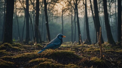 Blue Bird Stands on Mossy Ground in Forest at Dusk