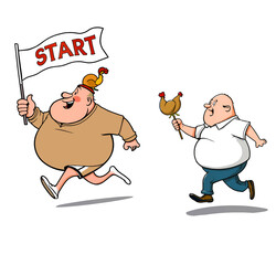Two male gourmets competing with a roast chicken. Cheerful cartoon illustration of obese men, objects isolated. Metaphor.