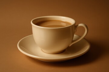 Obraz premium A cozy cup of coffee with milk, sitting on a matching saucer against a warm brown backdrop, perfect for a relaxing morning or afternoon break at home.