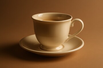 Fototapeta premium A close-up studio shot of a creamy coffee cup and saucer on a plain background, highlighting the simplicity and warmth of a morning beverage ritual.