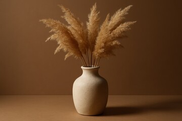 Elegant beige vase filled with fluffy brown pampas grass on a simple monochrome background, creating a natural and calming aesthetic with subtle light interplay.