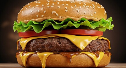 An appetizing, towering burger that showcases its beefy patty, melting cheese, crisp lettuce, and fresh tomato on a sesame seed bun.