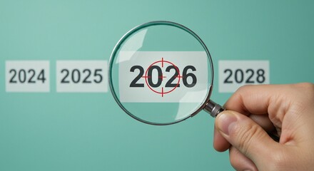 Magnifying the year 2026, symbolizing focus on future goals, planning, and target achievement, within an aqua backdrop.