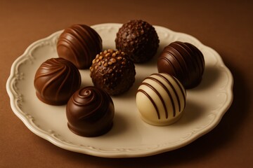 Delicious assortment of gourmet chocolate truffles on a vintage white plate, showcasing a variety of dark, milk, and white chocolate with intricate designs and textures.