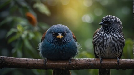 Two Plumbeous-colored Birds Perched on a Branch in a Lush Green Environment