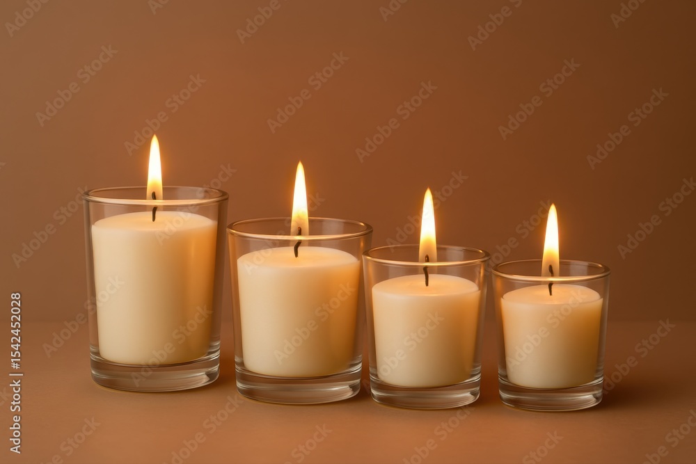 Poster four lit candles in glass containers of different sizes arranged in a row, casting a warm glow again