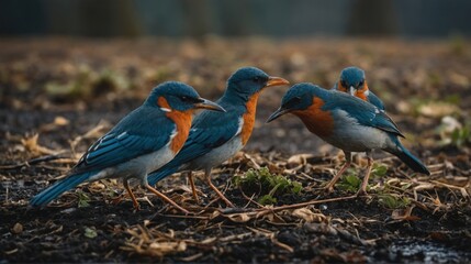 Four Orange-Breasted Blue Birds Perched on Ground Looking Around for Food