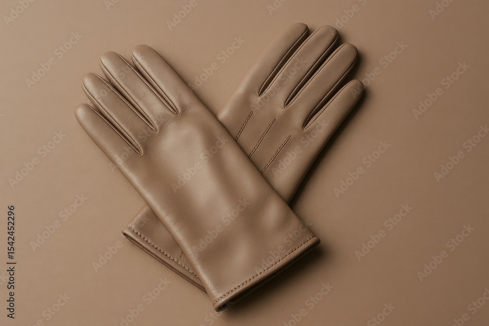 Poster an elegant pair of taupe leather gloves are displayed on a matching background, showcasing the sleek